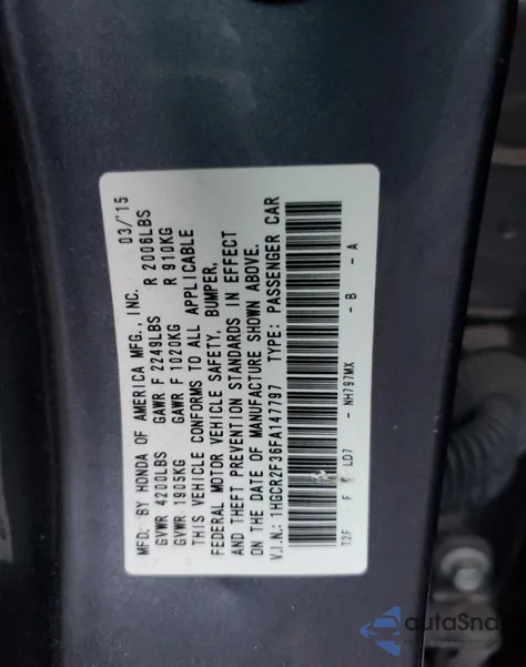 2015 Honda Accord Lx из США, поврежденный, VIN 1HGCR2F36FA147797